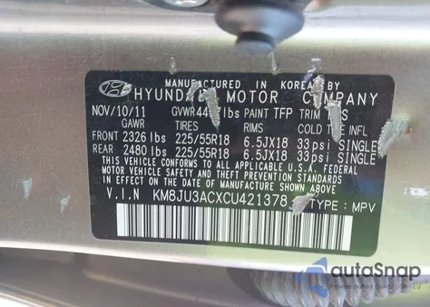 2012 Hyundai Tucson Limited z USA, uszkodzony, nr VIN KM8JU3ACXCU421378